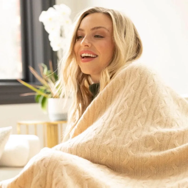 100% Cashmere Cozy Cable Knit Throw by Alashan