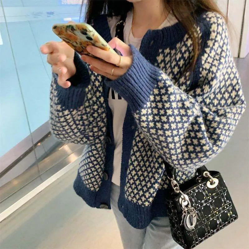 Amozae fall outfits aesthetic Knitted Cardigan Coat for Women Autumn and Winter Fashion New Korean Style Loose round Neck Thickened Lazy Style Contrast Color Sweater
