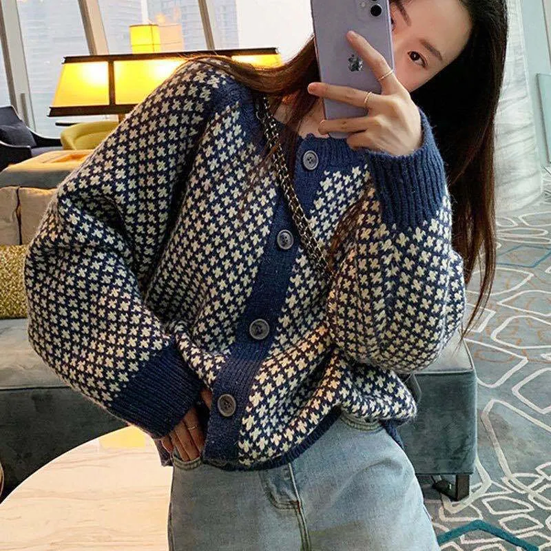 Amozae fall outfits aesthetic Knitted Cardigan Coat for Women Autumn and Winter Fashion New Korean Style Loose round Neck Thickened Lazy Style Contrast Color Sweater