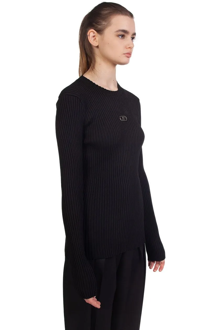 Black Fitted Knit Centre Logo Crewneck