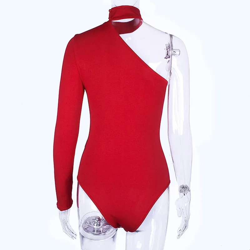 Cotton halter one shoulder Choker Long Sleeve bodysuit