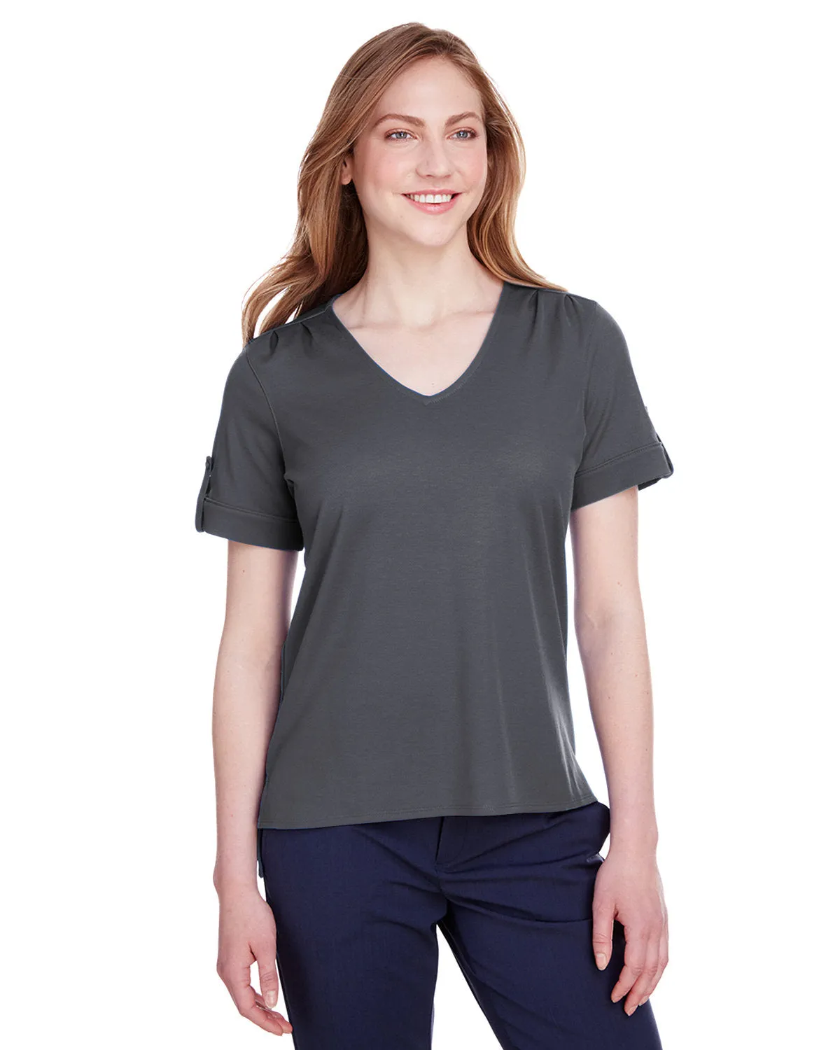 Devon & Jones Ladies' CrownLux Performance™ Plaited Rolled-Sleeve Top