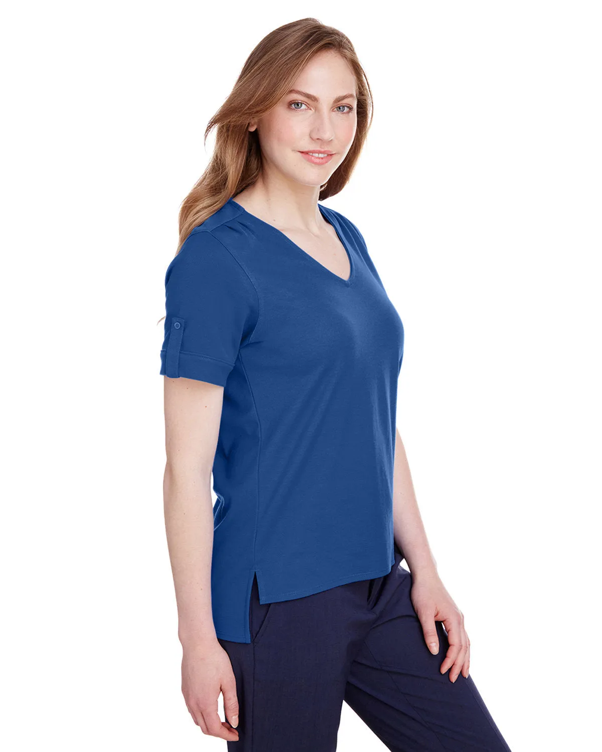 Devon & Jones Ladies' CrownLux Performance™ Plaited Rolled-Sleeve Top