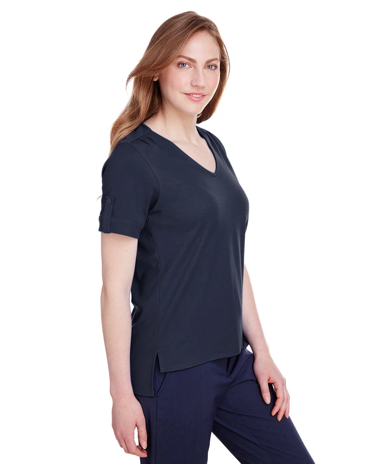 Devon & Jones Ladies' CrownLux Performance™ Plaited Rolled-Sleeve Top