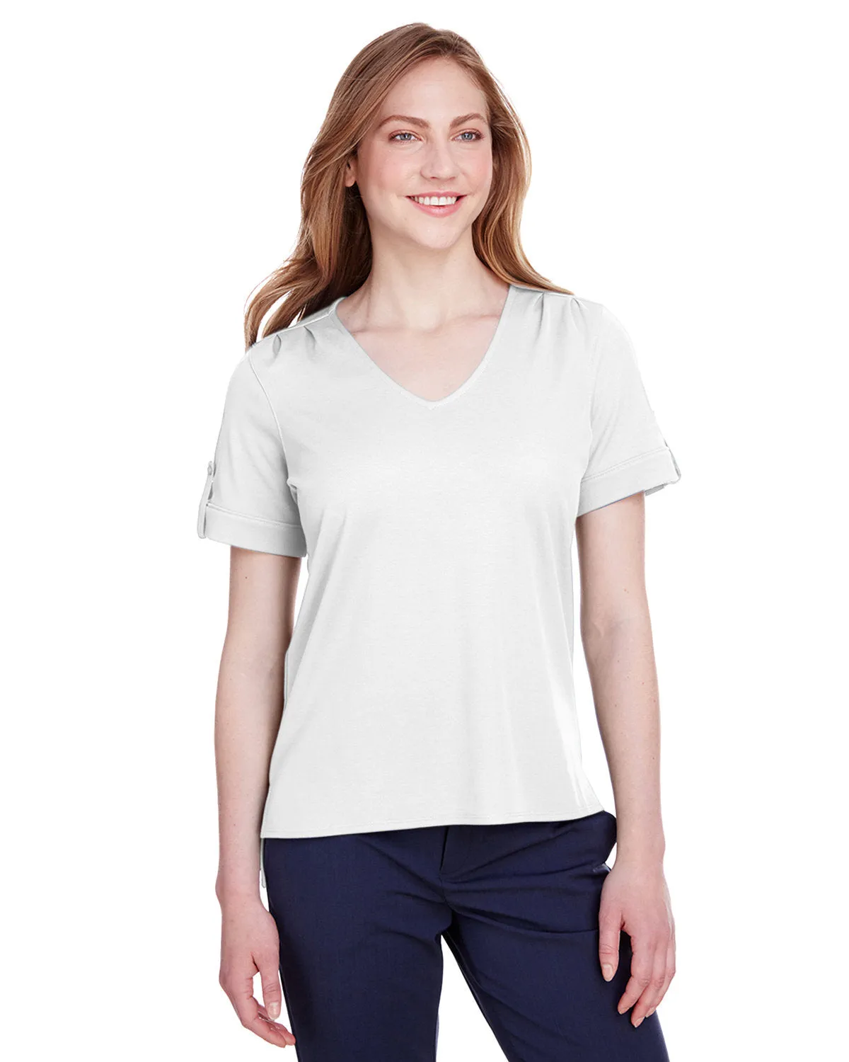 Devon & Jones Ladies' CrownLux Performance™ Plaited Rolled-Sleeve Top