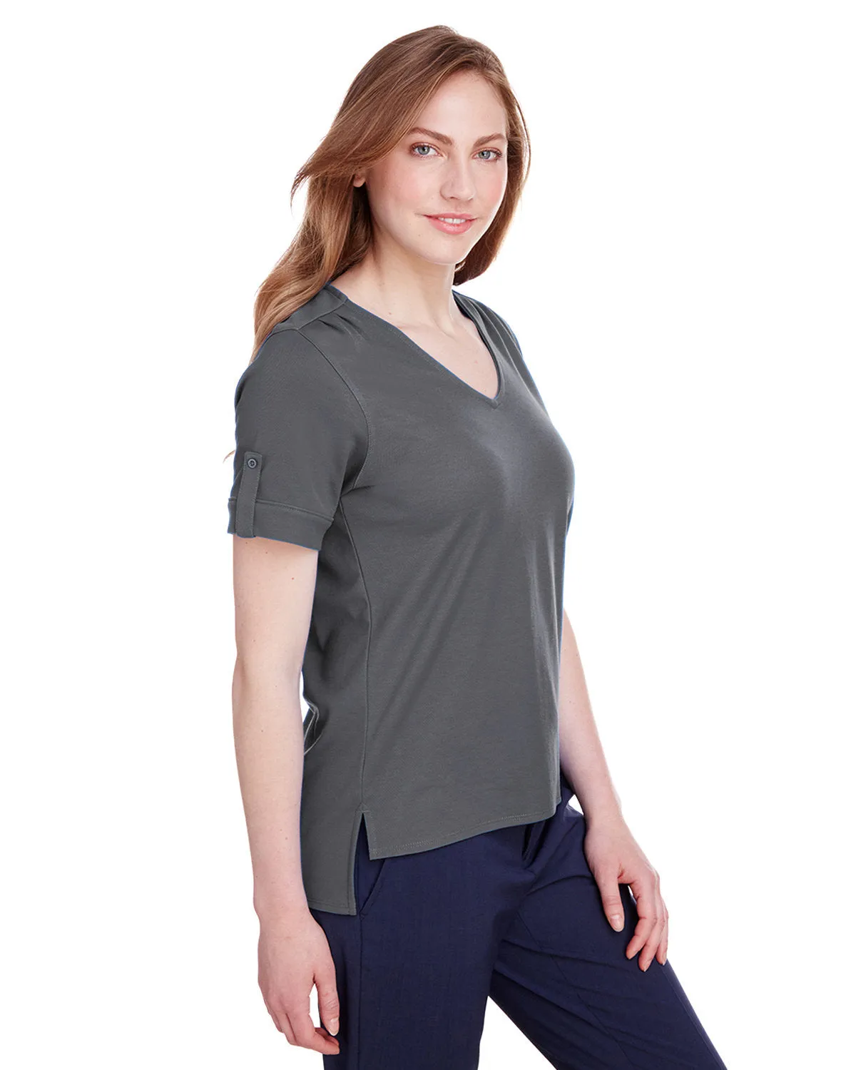 Devon & Jones Ladies' CrownLux Performance™ Plaited Rolled-Sleeve Top