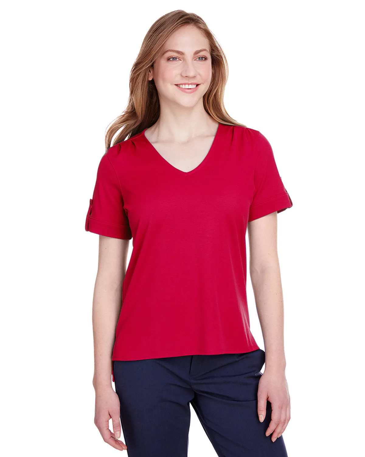 Devon & Jones Ladies' CrownLux Performance™ Plaited Rolled-Sleeve Top