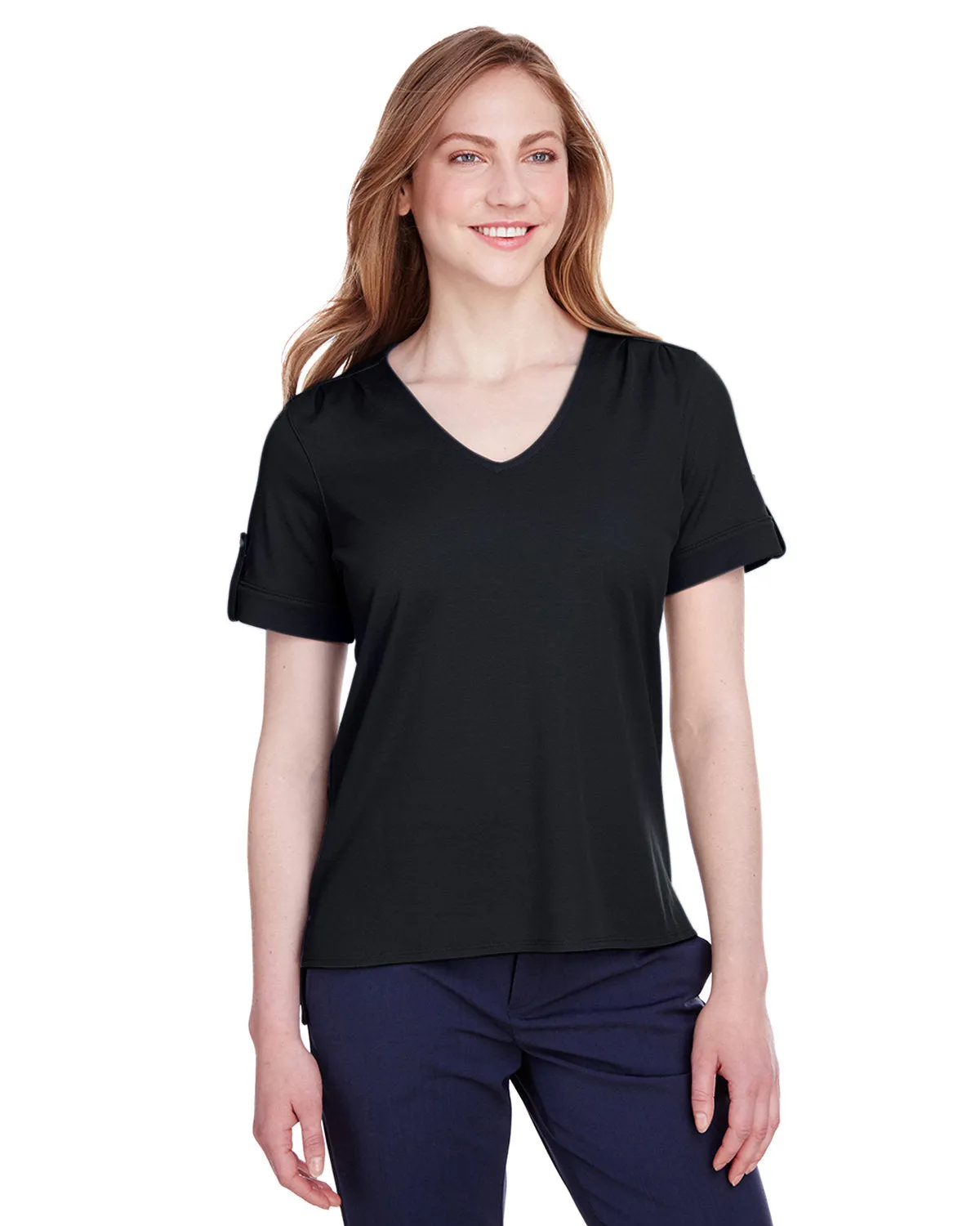 Devon & Jones Ladies' CrownLux Performance™ Plaited Rolled-Sleeve Top
