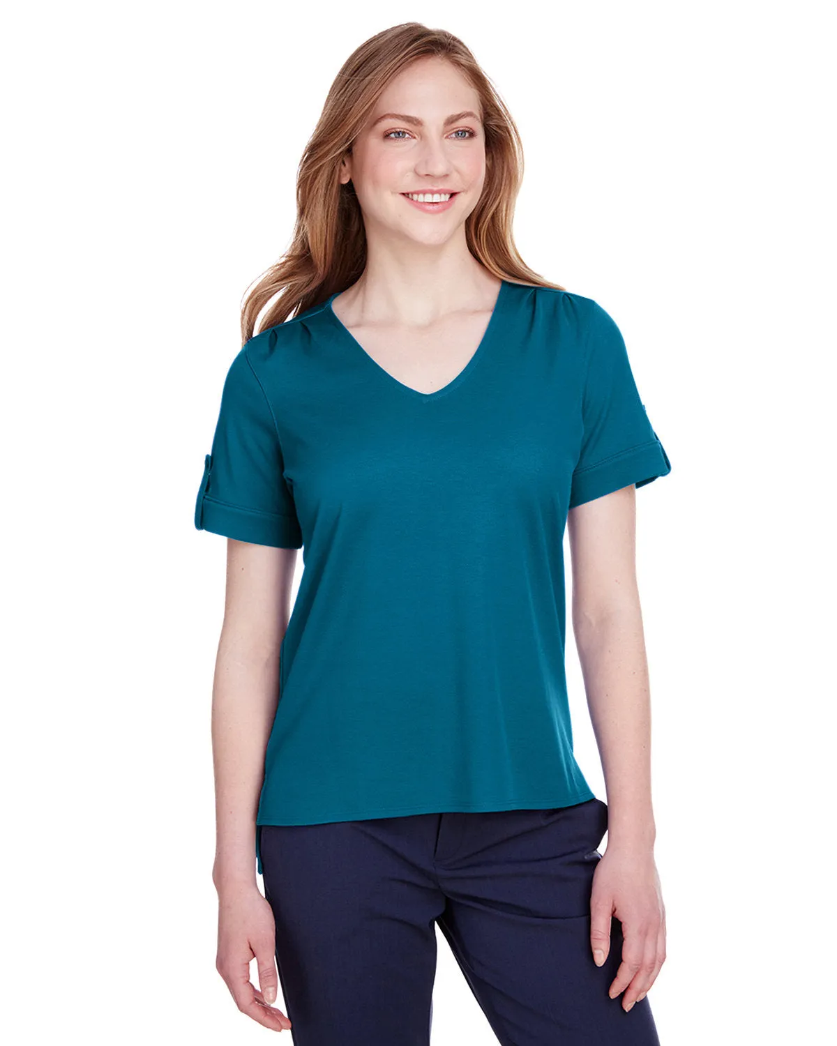 Devon & Jones Ladies' CrownLux Performance™ Plaited Rolled-Sleeve Top