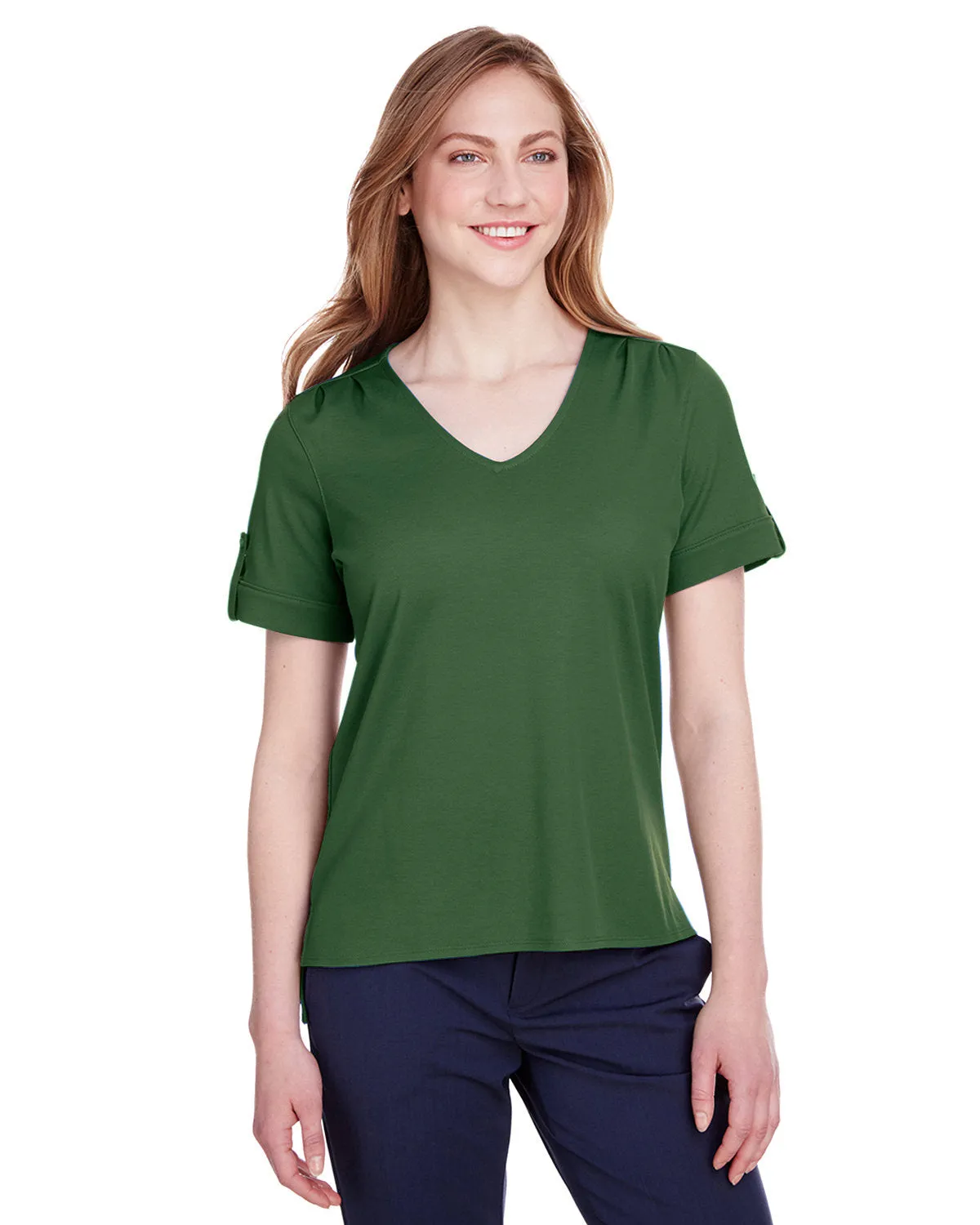 Devon & Jones Ladies' CrownLux Performance™ Plaited Rolled-Sleeve Top