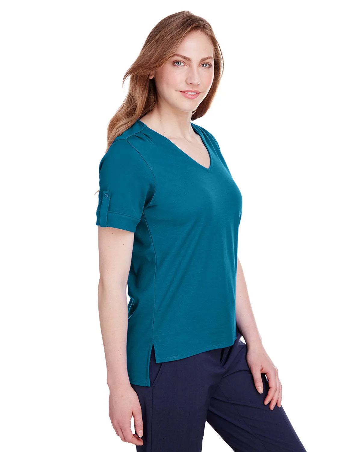 Devon & Jones Ladies' CrownLux Performance™ Plaited Rolled-Sleeve Top