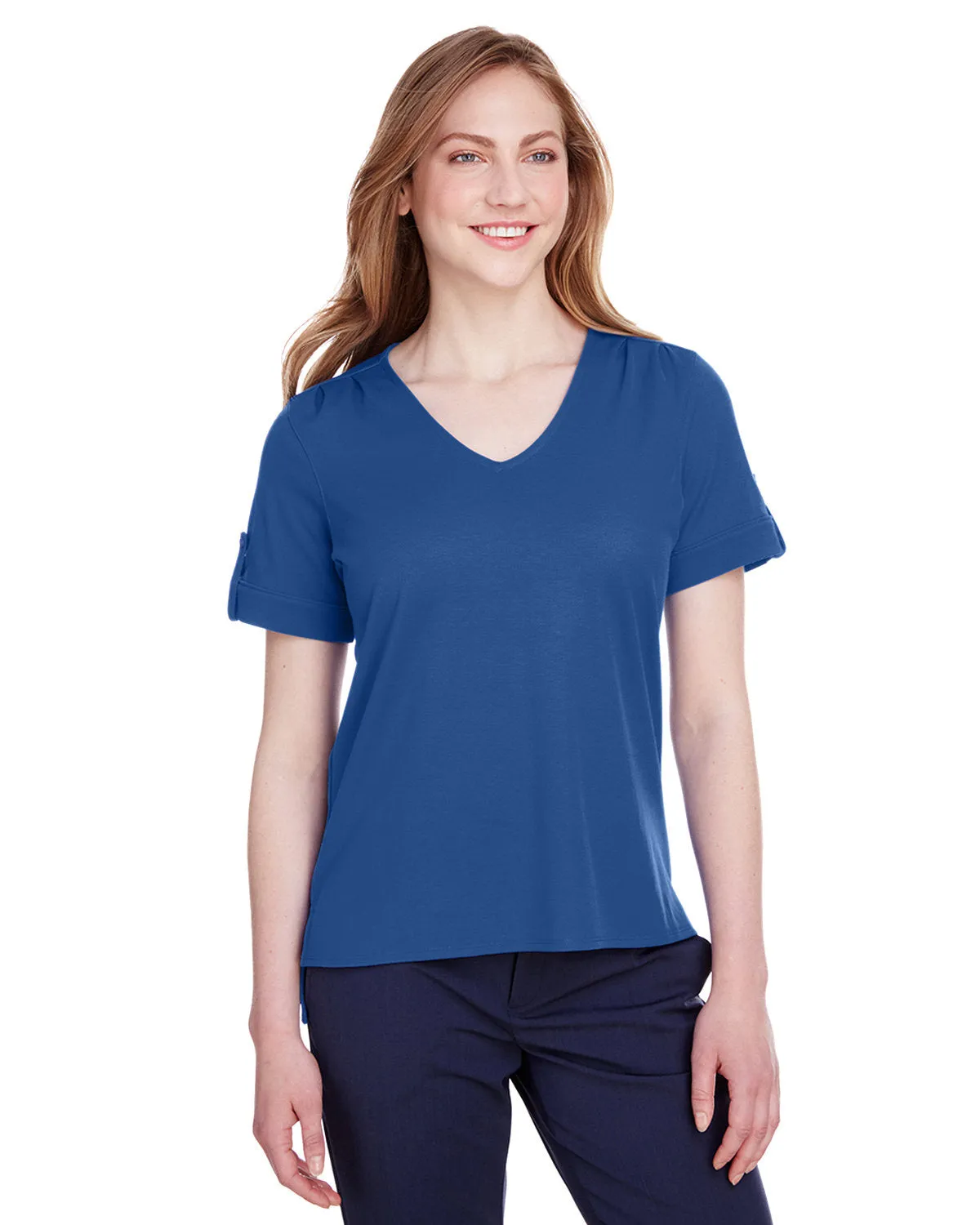 Devon & Jones Ladies' CrownLux Performance™ Plaited Rolled-Sleeve Top