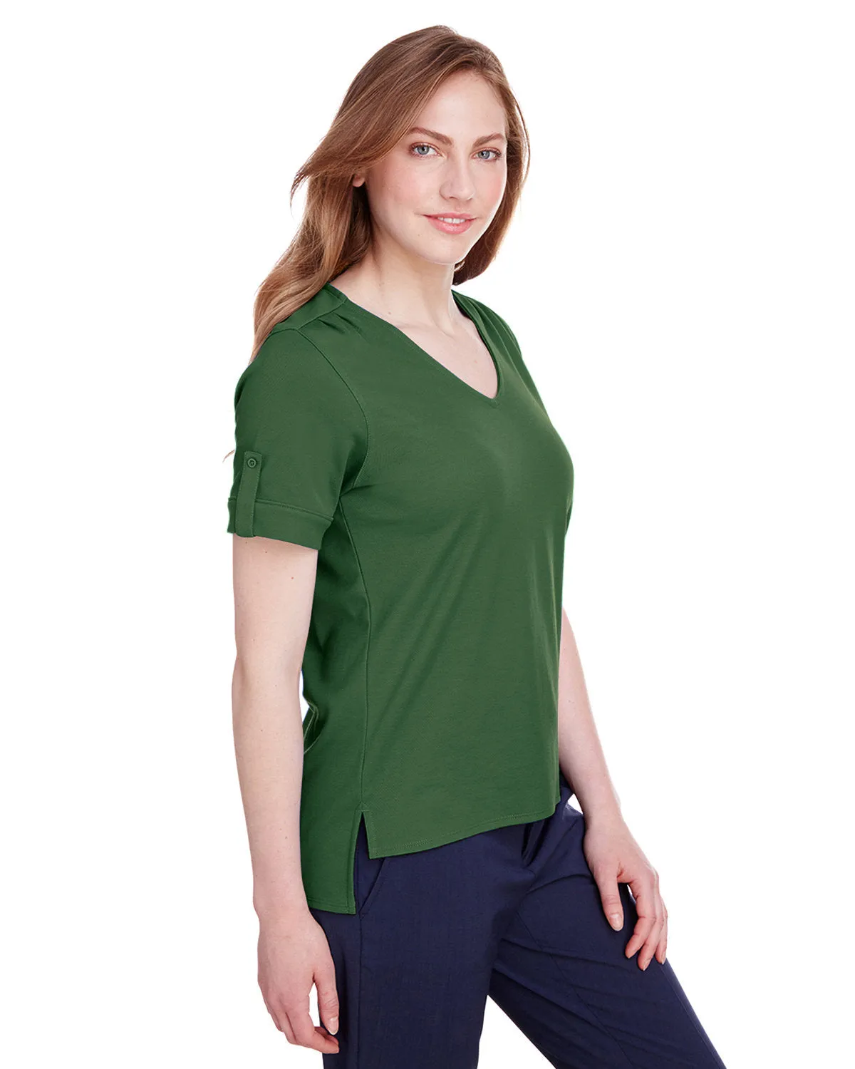Devon & Jones Ladies' CrownLux Performance™ Plaited Rolled-Sleeve Top