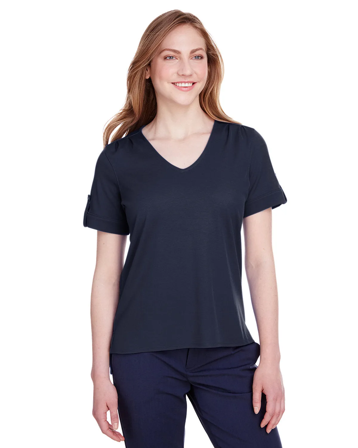 Devon & Jones Ladies' CrownLux Performance™ Plaited Rolled-Sleeve Top