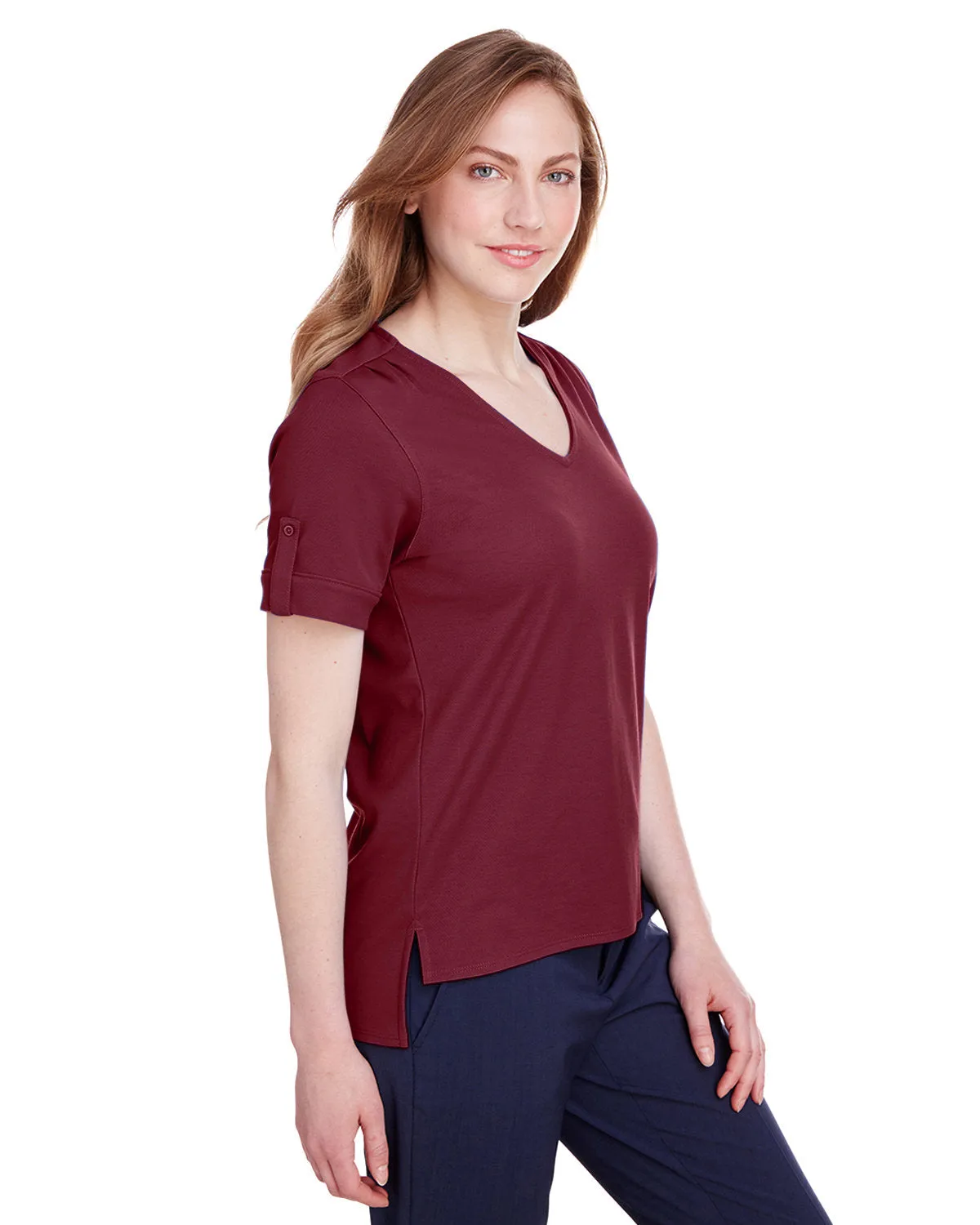 Devon & Jones Ladies' CrownLux Performance™ Plaited Rolled-Sleeve Top