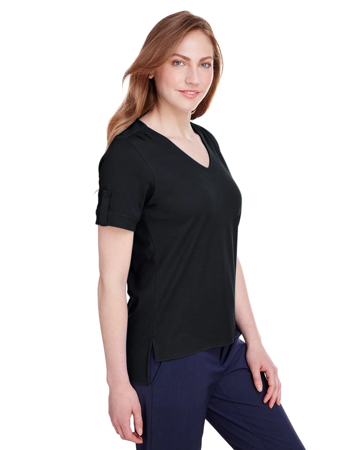 Devon & Jones Ladies' CrownLux Performance™ Plaited Rolled-Sleeve Top