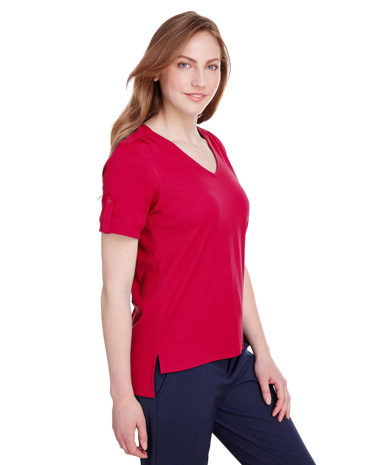Devon & Jones Ladies' CrownLux Performance™ Plaited Rolled-Sleeve Top