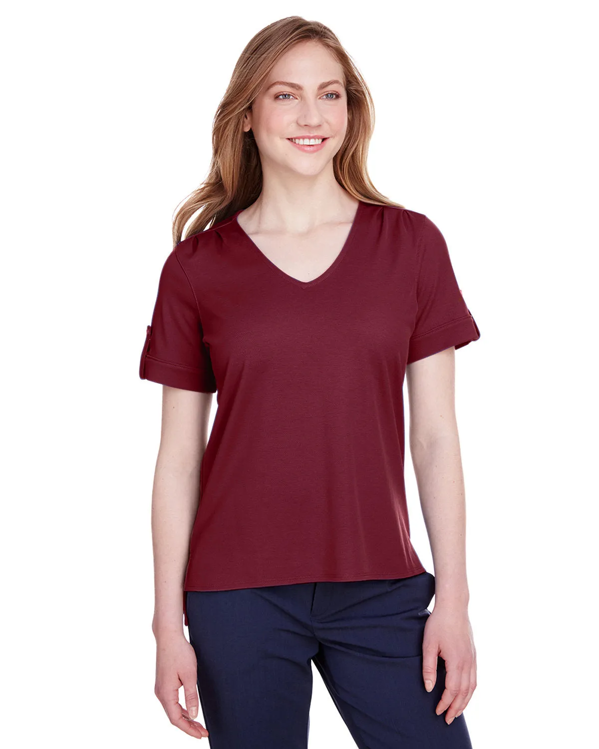 Devon & Jones Ladies' CrownLux Performance™ Plaited Rolled-Sleeve Top