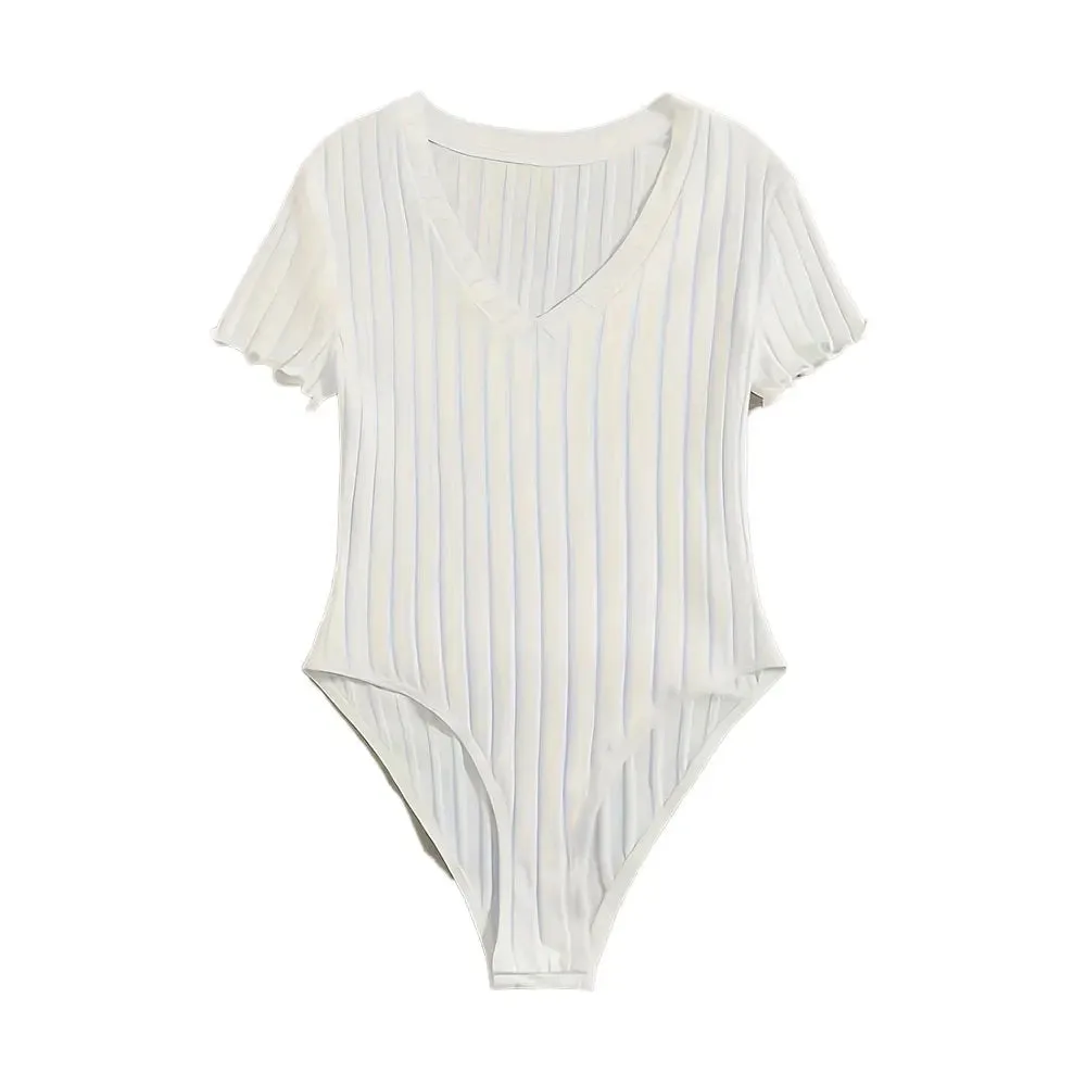 Elegant & Sexy Ribbed V-Neck Bodysuit with Lettuce Trim-Semi-Sheer Comfort Fit Easy Care - Perfect for Spring to Fall