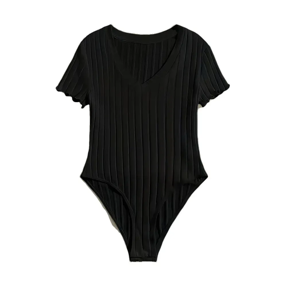 Elegant & Sexy Ribbed V-Neck Bodysuit with Lettuce Trim-Semi-Sheer Comfort Fit Easy Care - Perfect for Spring to Fall