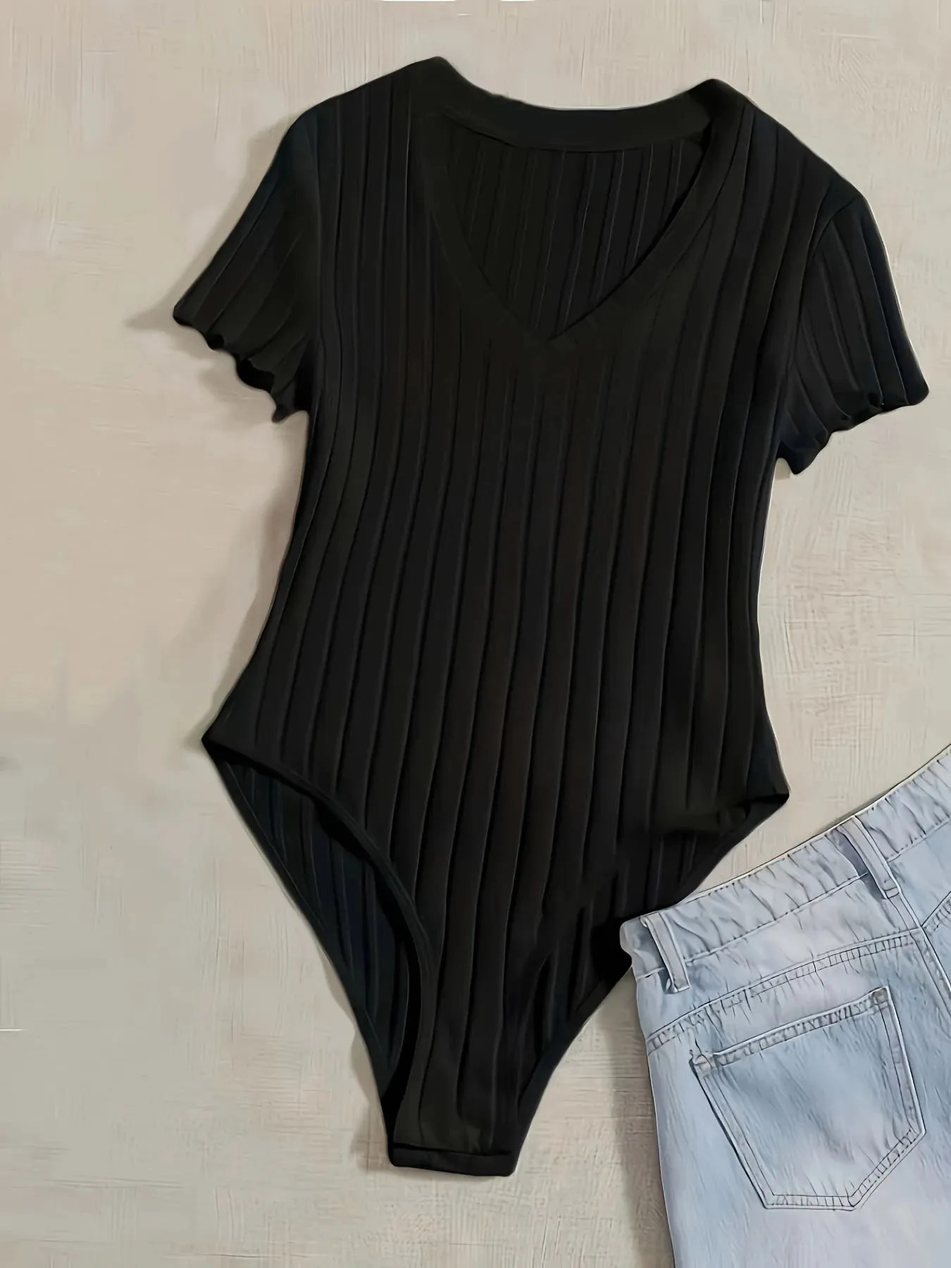 Elegant & Sexy Ribbed V-Neck Bodysuit with Lettuce Trim-Semi-Sheer Comfort Fit Easy Care - Perfect for Spring to Fall