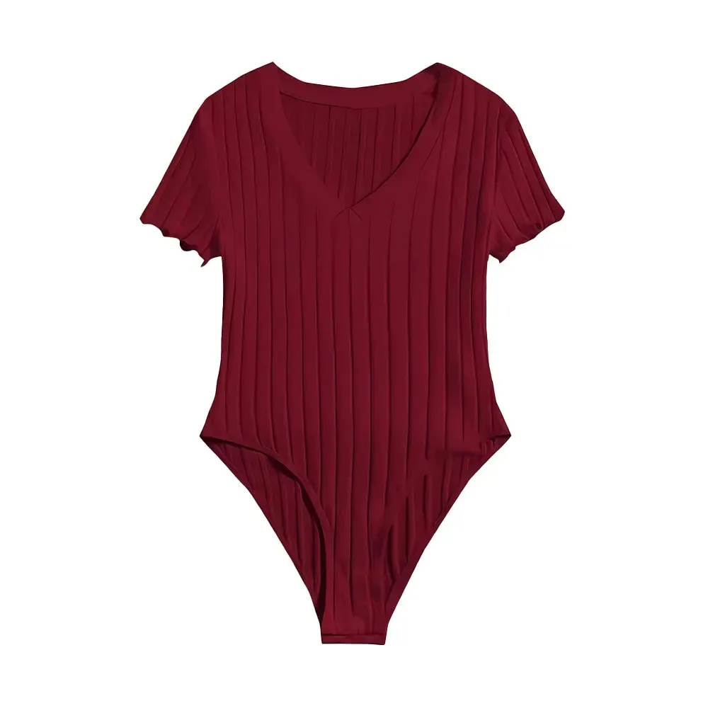 Elegant & Sexy Ribbed V-Neck Bodysuit with Lettuce Trim-Semi-Sheer Comfort Fit Easy Care - Perfect for Spring to Fall