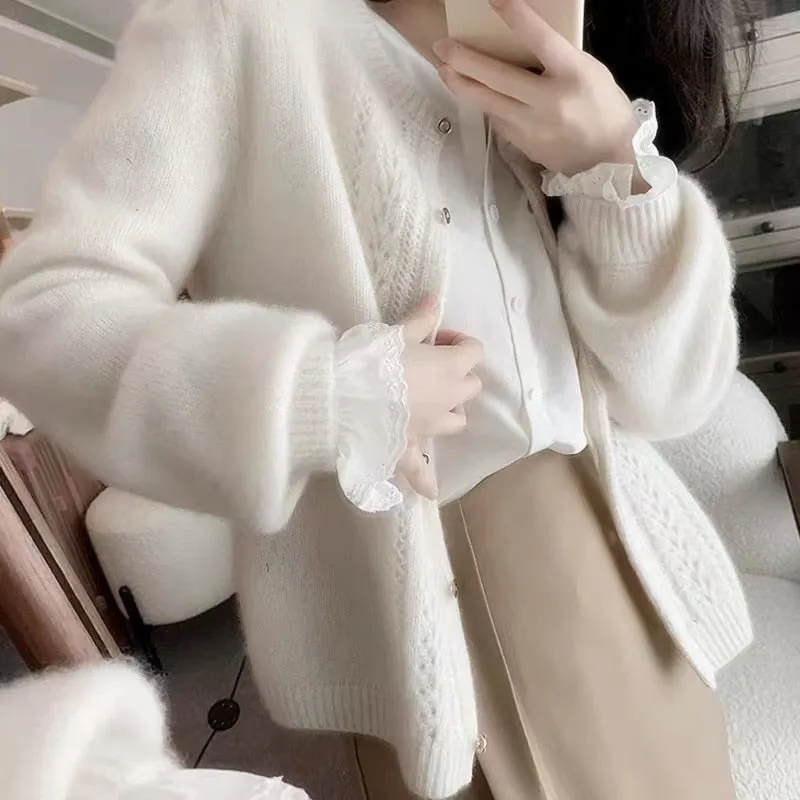 Fashionkova  Elegant Temperament Round Collar Hollow Out Short Cashmere Cardigan Women Spring And Autumn New Loose Thin Wool Coat