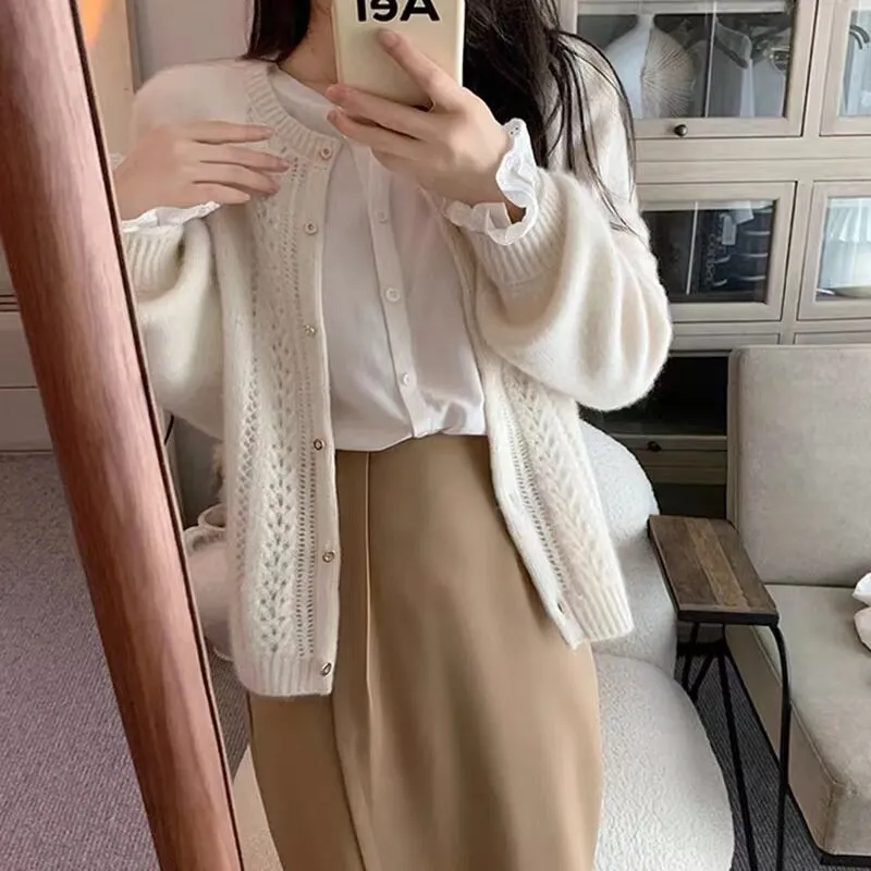 Fashionkova  Elegant Temperament Round Collar Hollow Out Short Cashmere Cardigan Women Spring And Autumn New Loose Thin Wool Coat