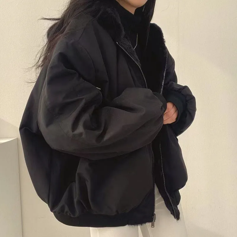 Fashionkova outfit inspo Fleece-lined Thickened Double-Sided Lamb Wool Cotton-Padded Coat Women's Coat Winter and Autumn New Loose Hooded Cotton-Padded Coat Top