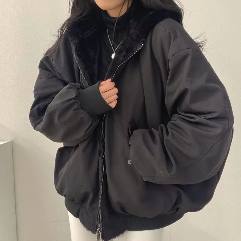 Fashionkova outfit inspo Fleece-lined Thickened Double-Sided Lamb Wool Cotton-Padded Coat Women's Coat Winter and Autumn New Loose Hooded Cotton-Padded Coat Top