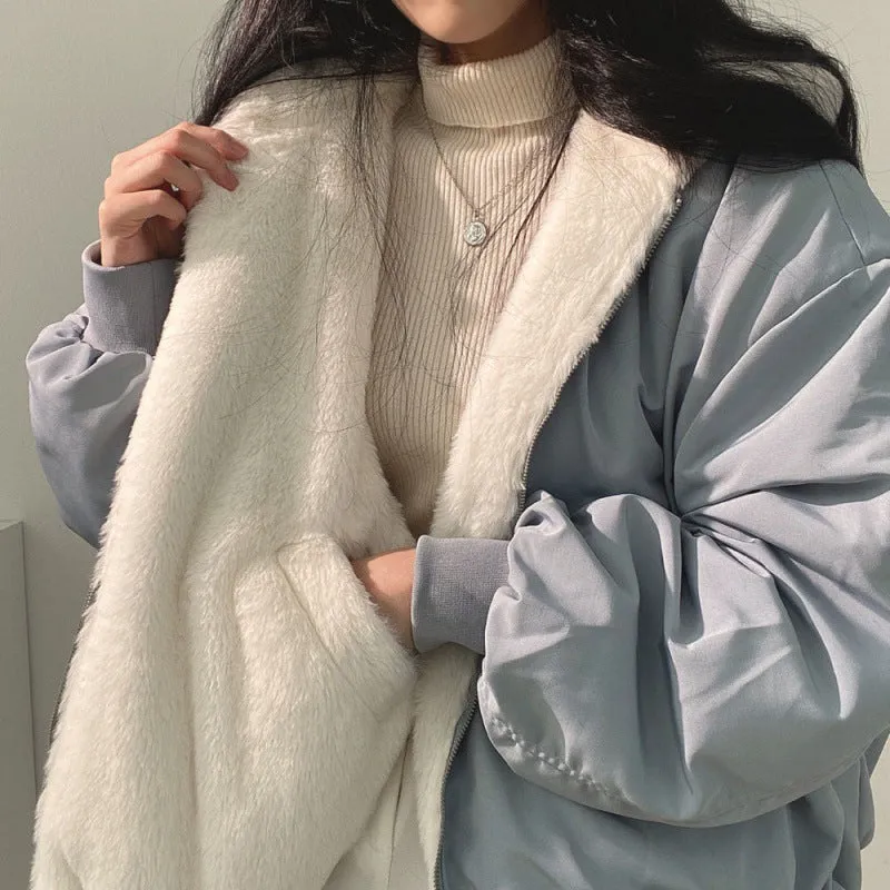 Fashionkova outfit inspo Fleece-lined Thickened Double-Sided Lamb Wool Cotton-Padded Coat Women's Coat Winter and Autumn New Loose Hooded Cotton-Padded Coat Top