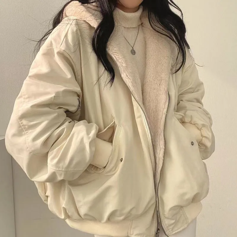 Fashionkova outfit inspo Fleece-lined Thickened Double-Sided Lamb Wool Cotton-Padded Coat Women's Coat Winter and Autumn New Loose Hooded Cotton-Padded Coat Top
