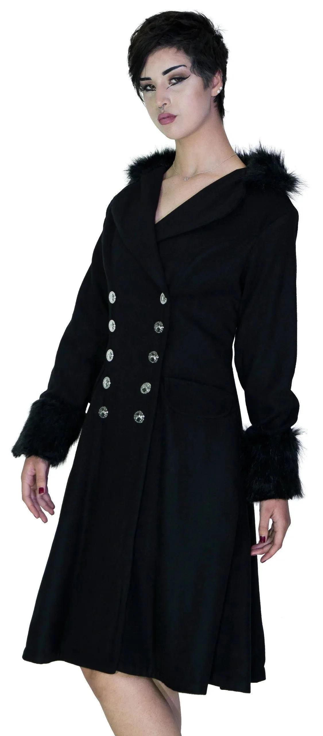 Faux Fur Cuffs Silver Buttons Black Wool Coat - Dominique