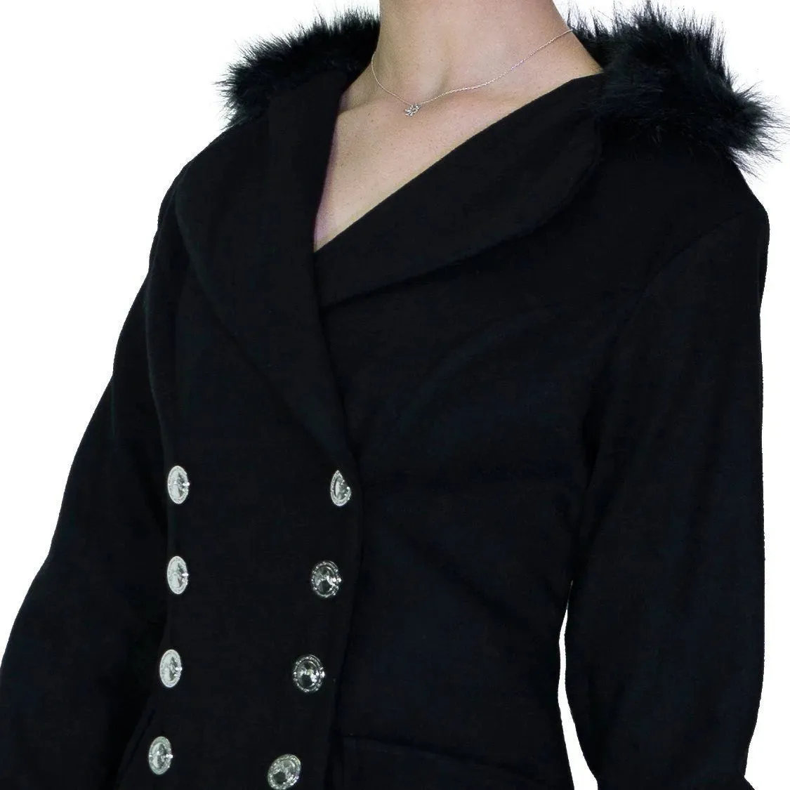 Faux Fur Cuffs Silver Buttons Black Wool Coat - Dominique