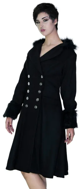 Faux Fur Cuffs Silver Buttons Black Wool Coat - Dominique