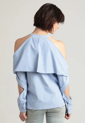 Fold-over cold shoulder pinstripe cotton shirt