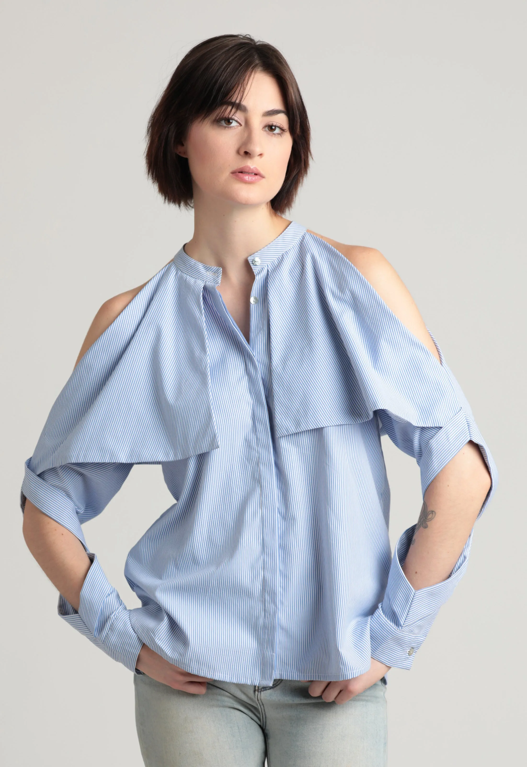 Fold-over cold shoulder pinstripe cotton shirt