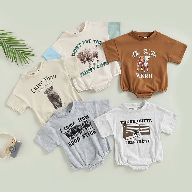 Fresh Of The Chute - Trendy Oversize Cowboy Tee Romper Suit - Grey