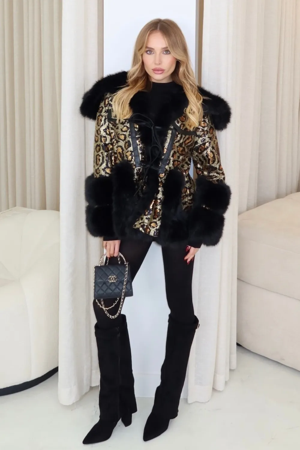 Gracie leopard sequin faux fur coat