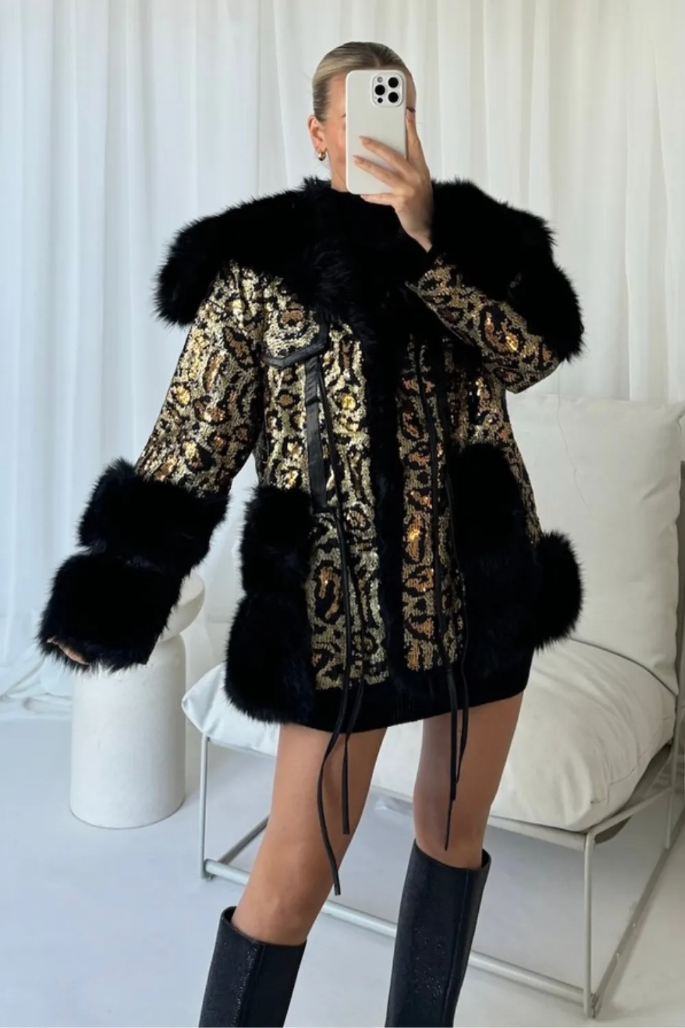 Gracie leopard sequin faux fur coat