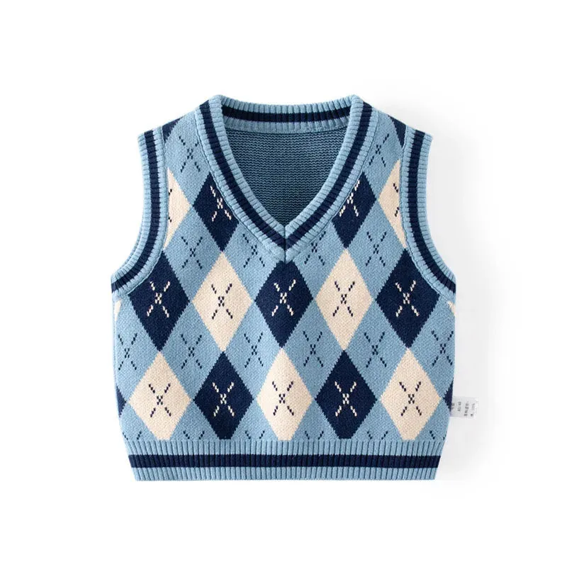 Ins Spring Autumn Children Boys Vest Patchwork Rhombus Plaid Baby Boys Waistwear Elastic Hem 100% Cotton Kid Boys Knitwear