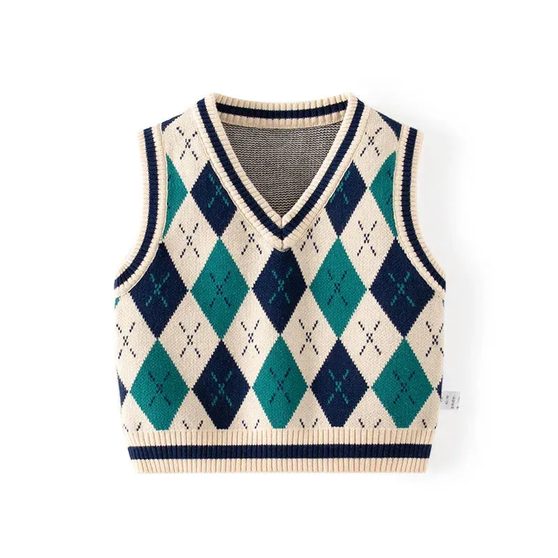 Ins Spring Autumn Children Boys Vest Patchwork Rhombus Plaid Baby Boys Waistwear Elastic Hem 100% Cotton Kid Boys Knitwear