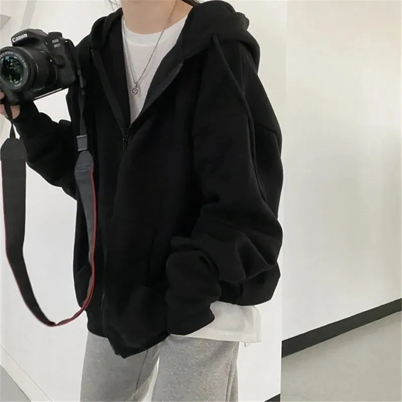 Lucyever Gray Zip Up Hoodie Coat Women Streetwear Harajuku Oversized Hood Jacket Female Autumn Retro Solid Color Sweatshirts