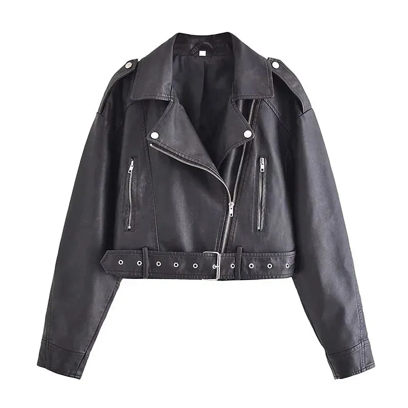 New Spring Washed Faux Leather Jacket For Women Streetwear