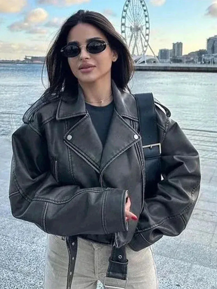 New Spring Washed Faux Leather Jacket For Women Streetwear