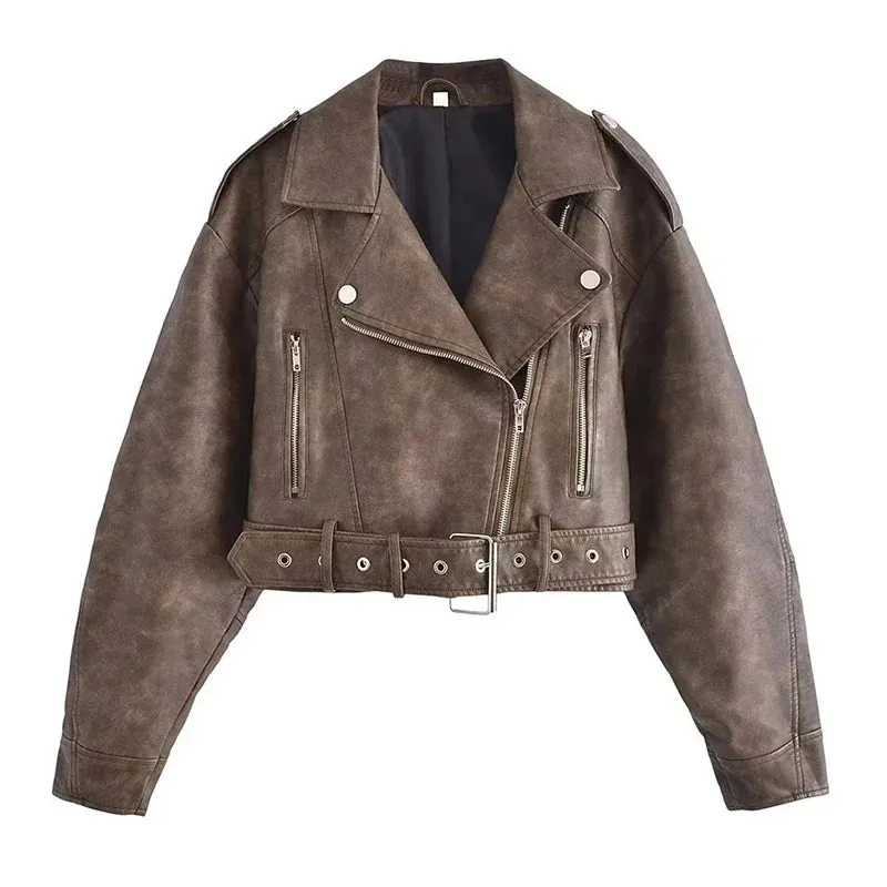 New Spring Washed Faux Leather Jacket For Women Streetwear