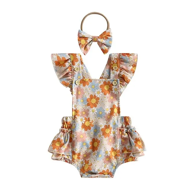 Nora - Baby Girls Flower Print Romper with Headband Sets
