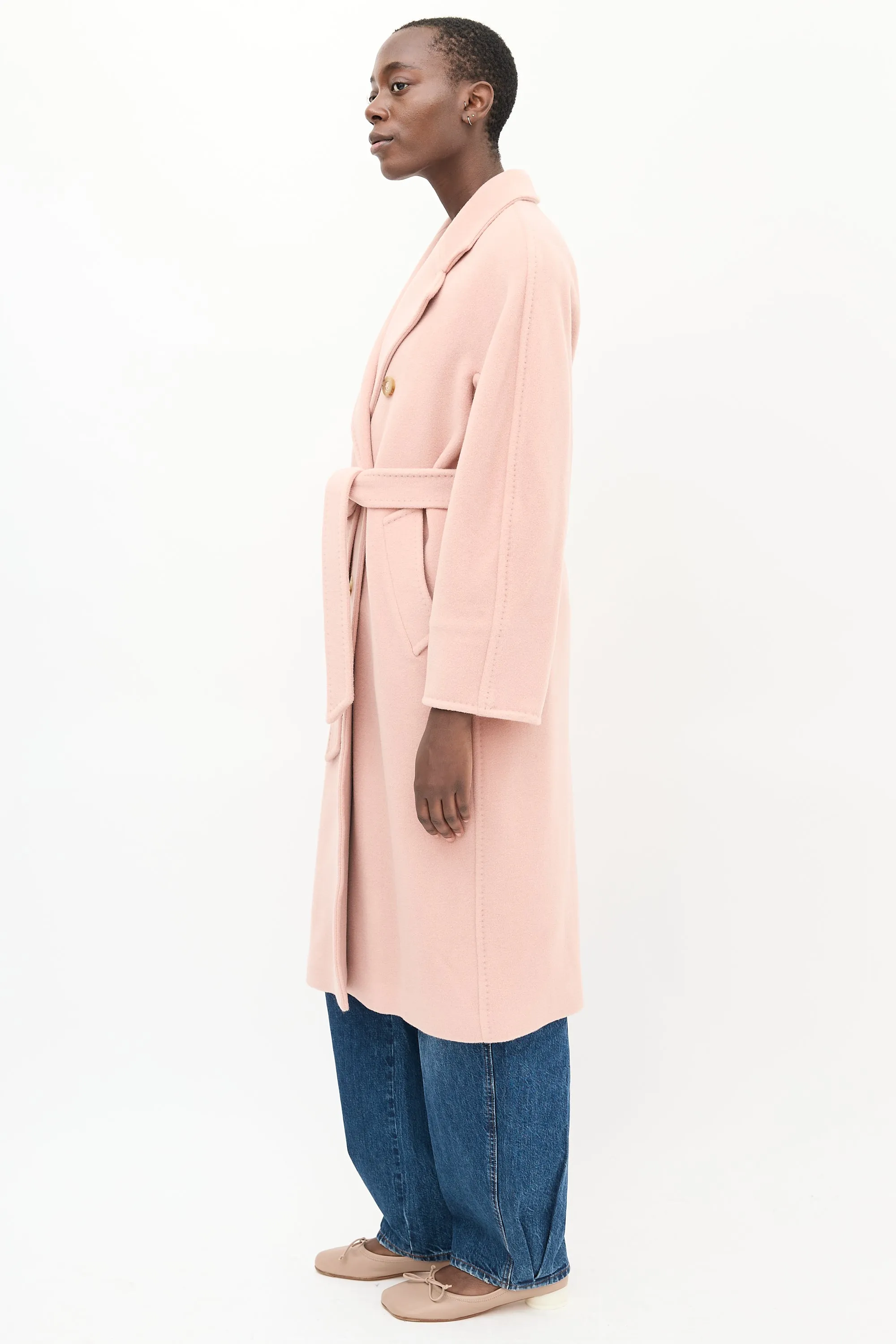 Pink Wool Double Breasted Belted Coat