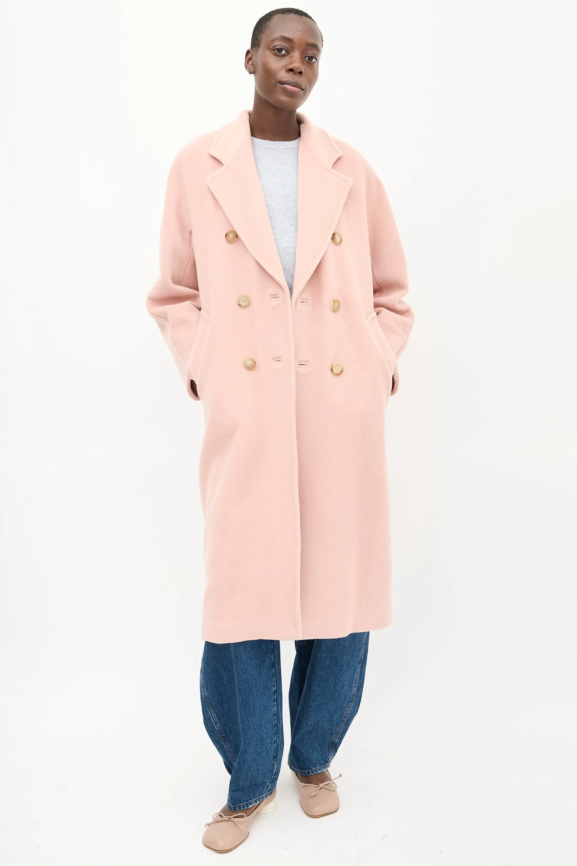 Pink Wool Double Breasted Belted Coat