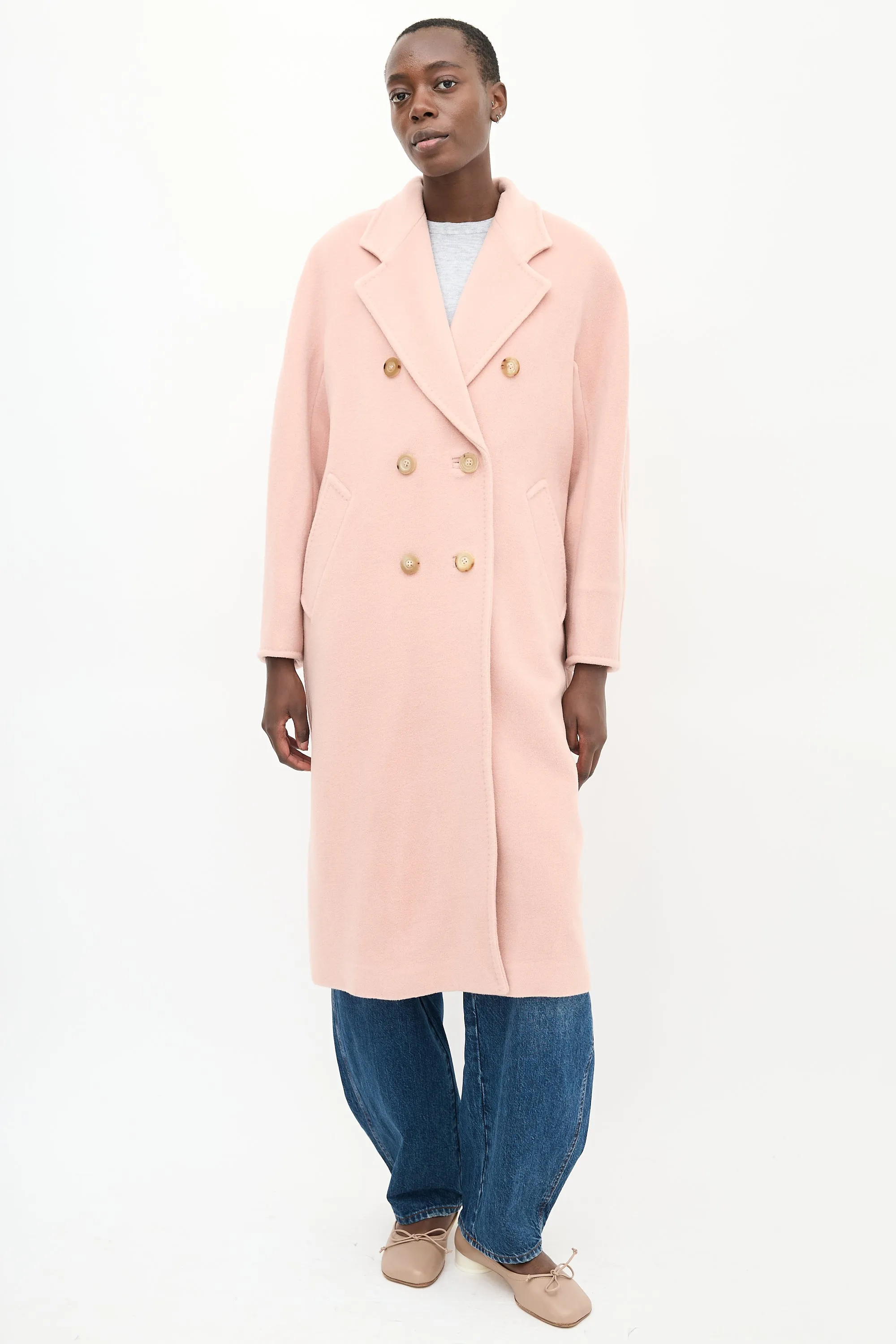 Pink Wool Double Breasted Belted Coat